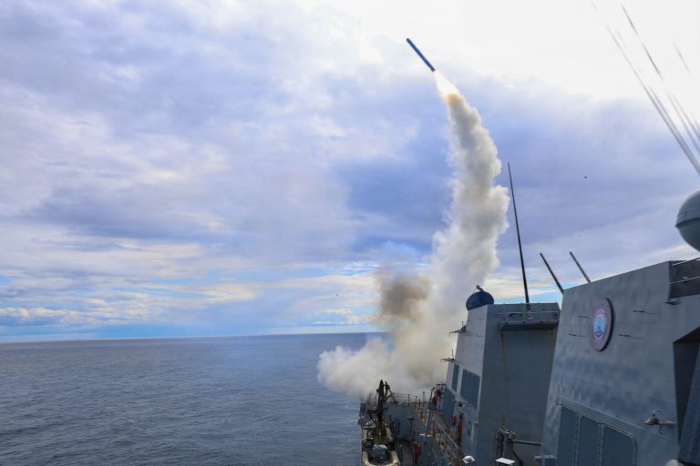 USS Thomas Hudner launches a Tomahawk land attack missile during Operation Epic Fury in the Middle East on March 1, 2026.