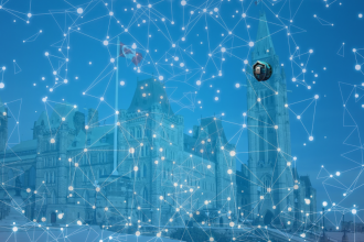 Illustration of Canada’s Parliament with a digital network overlay representing government regulation of social media and internet platforms.