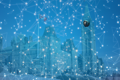 Illustration of Canada’s Parliament with a digital network overlay representing government regulation of social media and internet platforms.