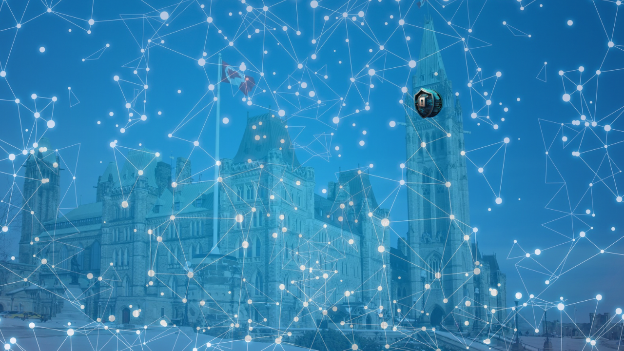Illustration of Canada’s Parliament with a digital network overlay representing government regulation of social media and internet platforms.